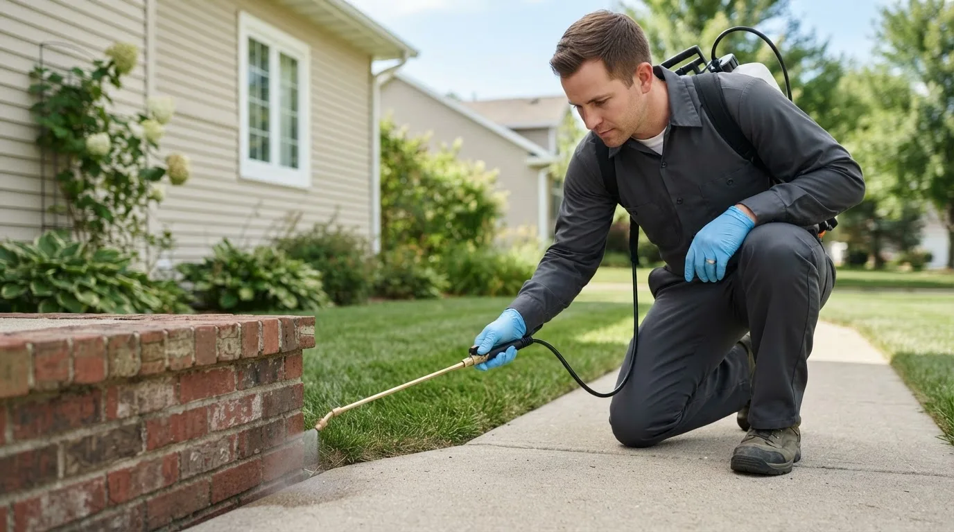 Pest control technician treating a home near Franklin, MA