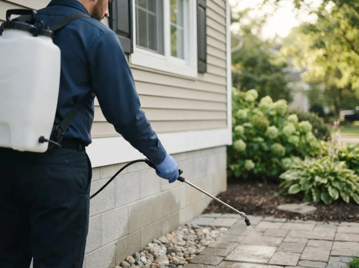 Pest control technician inspecting a home in Franklin, MA